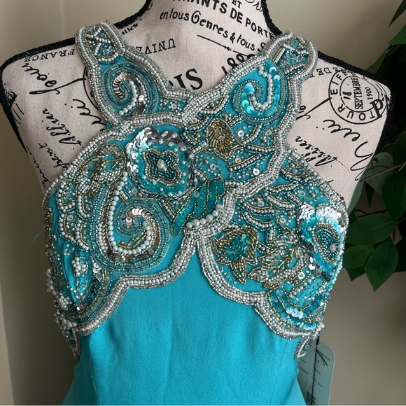 Oleg Cassini Black Tie Vintage Silk Beaded Formal Gown Blue Sz 4 - Picture 2 of 16